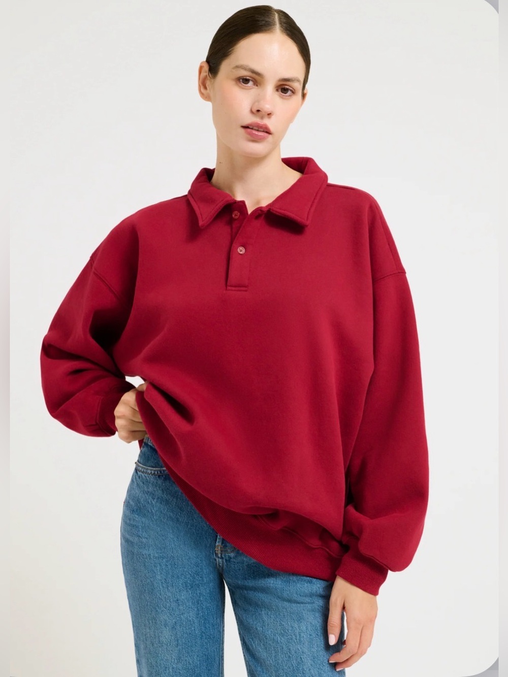 Rumored Airport Sweatshirt Merlot Red Oversized Polo Collar Fleece cozy travel